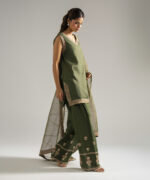 Olive Green Raw Silk Straight Suit - View 3