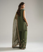 Olive Green Raw Silk Straight Suit - View 2