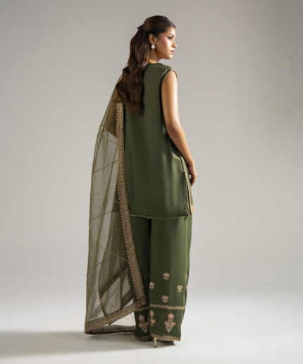 Olive Green Raw Silk Straight Suit - View 2