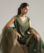 Olive Green Raw Silk Straight Suit - View 5