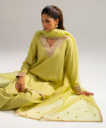 Pale Green Raw Silk Straight Suit - View 1