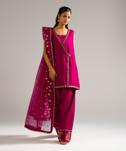 Plum Raw Silk Straight Suit - View 1
