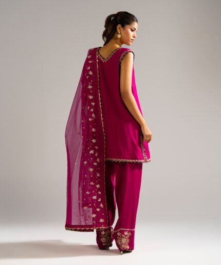 Plum Raw Silk Straight Suit - View 2