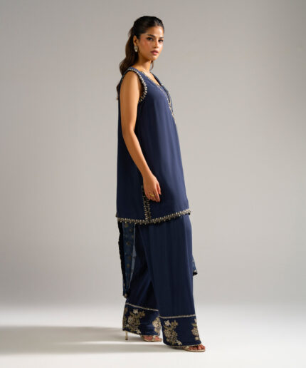 Black Raw Silk Straight Suit - View 2