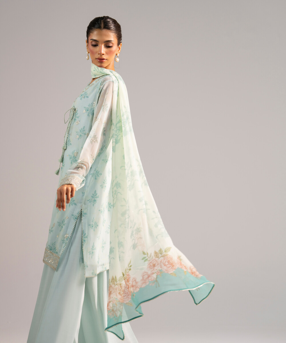 Blue Chiffon Straight Suit - View 1 Blue Chiffon Straight Suit - View 1