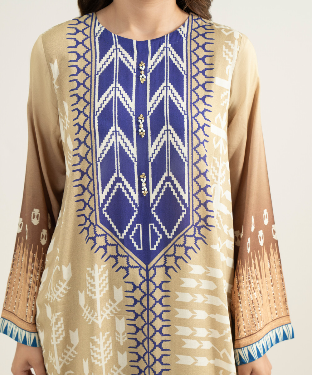 Beige Viscose Raw Silk Drop Shoulder Suit - View 1 Beige Viscose Raw Silk Drop Shoulder Suit - View 1