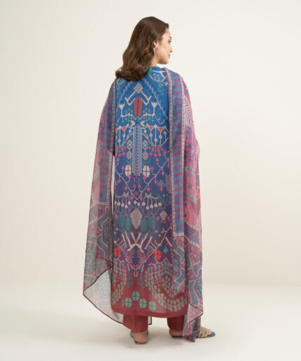 Blue Viscose Raw Silk Straight Suit - View 2