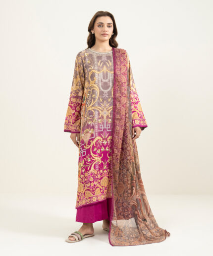 Coloured Viscose Raw Silk Straight Suit - View 1