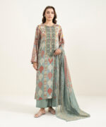 Grey Viscose Raw Silk Straight Suit - View 2