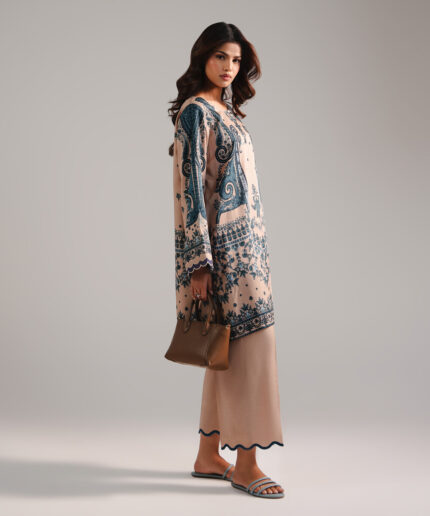 Beige Satin Viscose Straight Suit - View 1