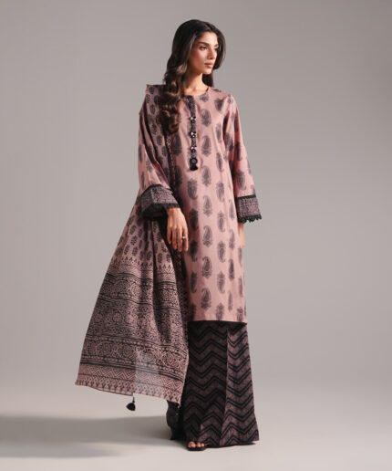Muted Brown Textured Cotton Straight Suit - View 1