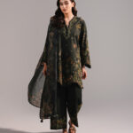 Dark Green Lawn Straight Suit - View 1