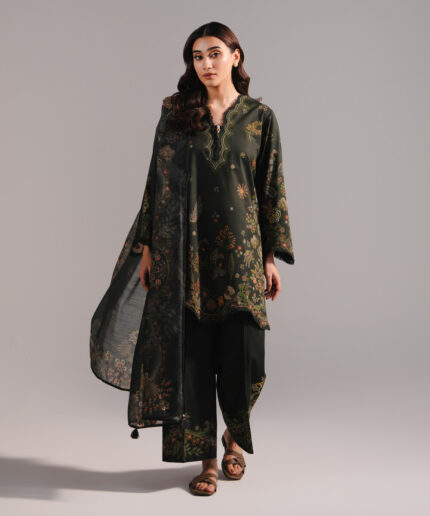 Dark Green Lawn Straight Suit - View 1