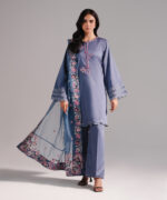 Steel Blue Cotton Satin Straight Shirt Suit - View 6