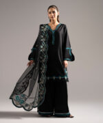 Black Cotton Satin Straight Shirt Suit - View 5