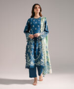 Teal Textured Cotton A-Line Suit - View 5