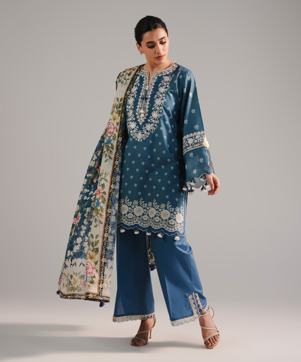 Blue Zari Lawn Straight Suit - View 1 Blue Zari Lawn Straight Suit - View 1