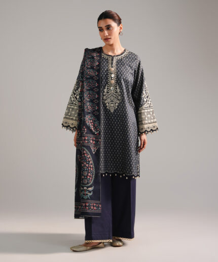 Dark Blue Zari Lawn Straight Suit - View 2