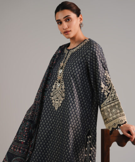 Dark Blue Zari Lawn Straight Suit - View 1