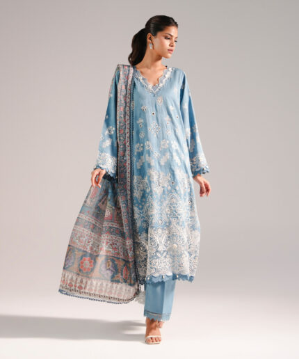 Blue Self Jacquard A-Line Suit - View 2