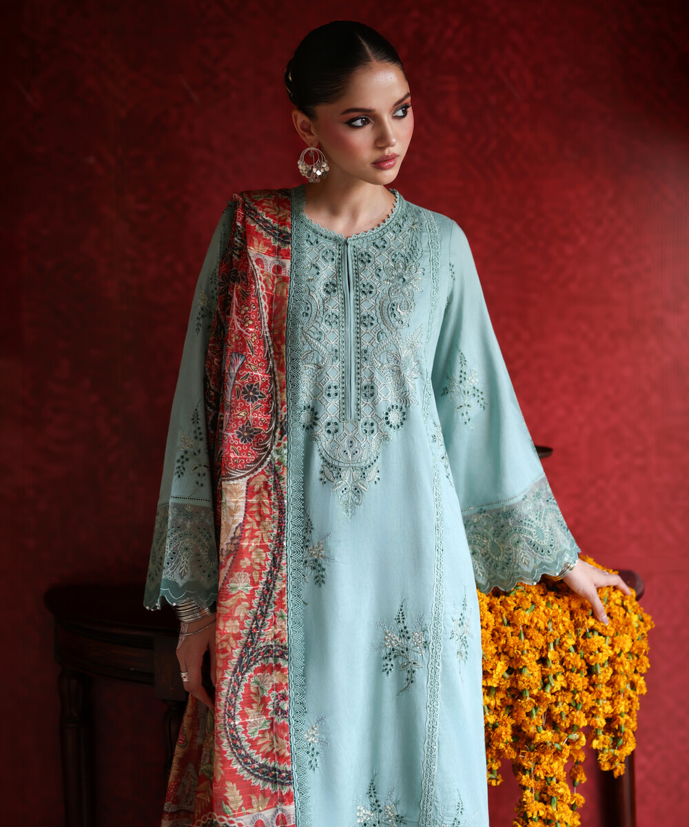Seafoam Green Self Jacquard A-Line Suit - View 1 Seafoam Green Self Jacquard A-Line Suit - View 1