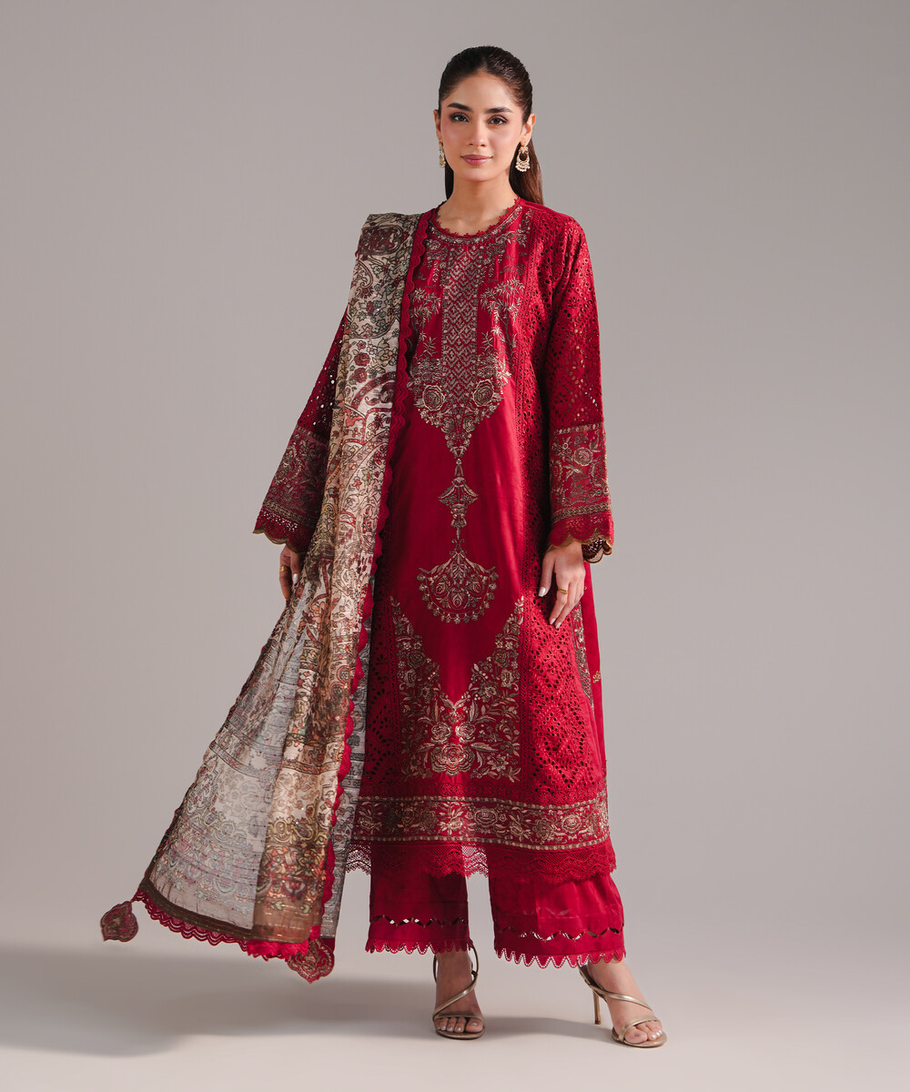 Maroon Self Jacquard A-Line Suit - View 1 Maroon Self Jacquard A-Line Suit - View 1