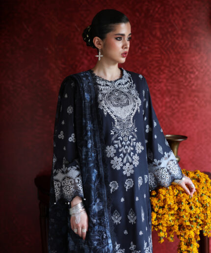 Dark Blue Self Jacquard A-Line Suit - View 1