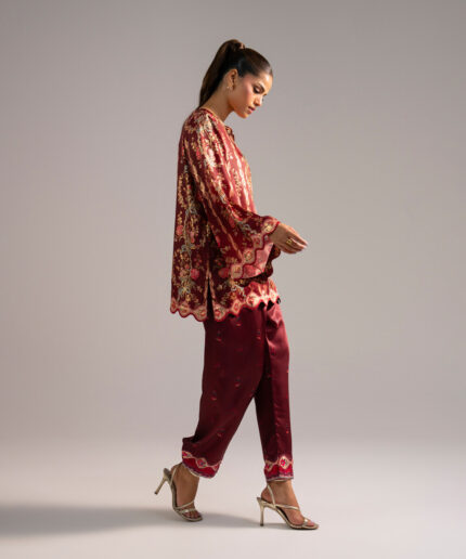 Maroon Blended Satin Straight Shirt Suit - View 1