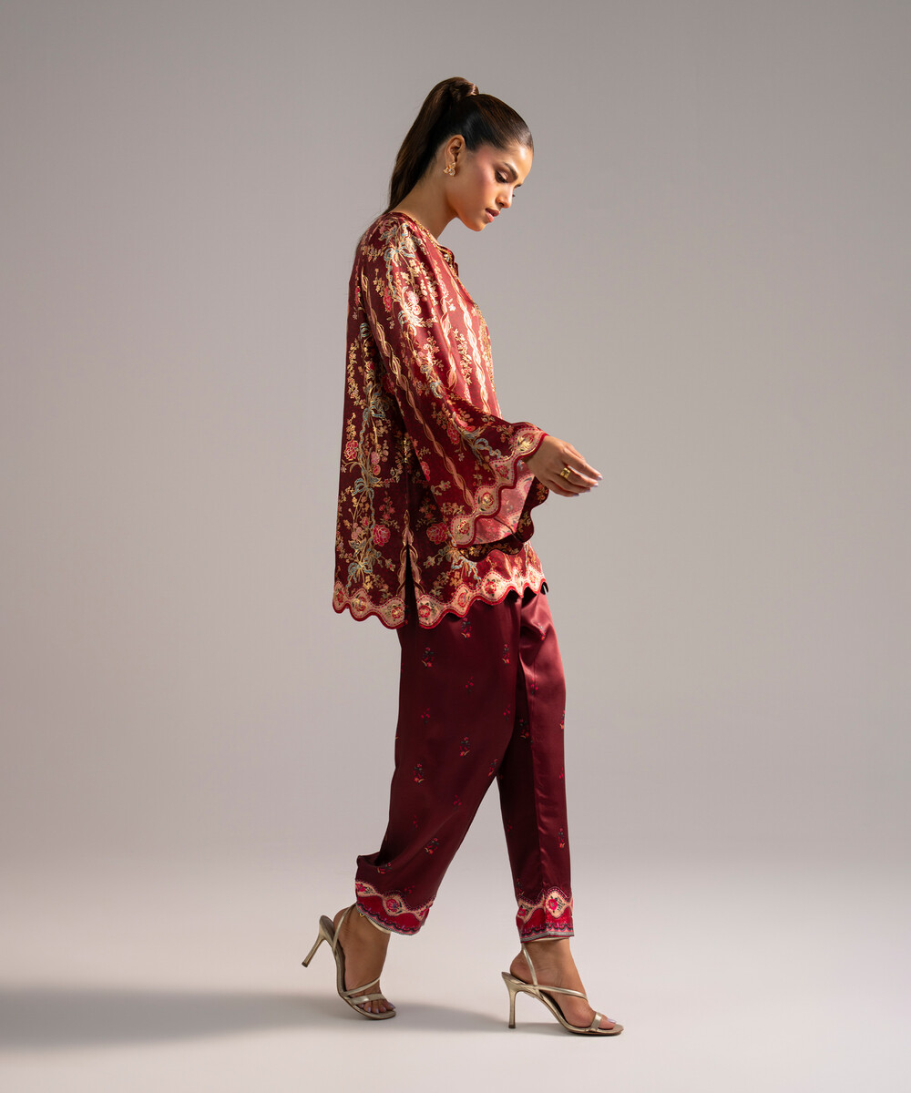 Maroon Blended Satin Straight Shirt Suit - View 1 Maroon Blended Satin Straight Shirt Suit - View 1