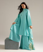 Piece Dyed Blue Slub Lawn Flared Suit - View 3