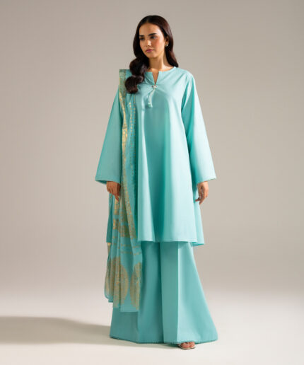 Piece Dyed Blue Slub Lawn Flared Suit - View 2