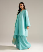 Piece Dyed Blue Slub Lawn Flared Suit - View 4