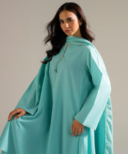 Piece Dyed Blue Slub Lawn Flared Suit - View 1