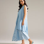 Piece Dyed Blue Slub Lawn Straight Suit - View 1