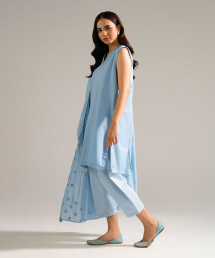 Piece Dyed Blue Slub Lawn Straight Suit - View 1