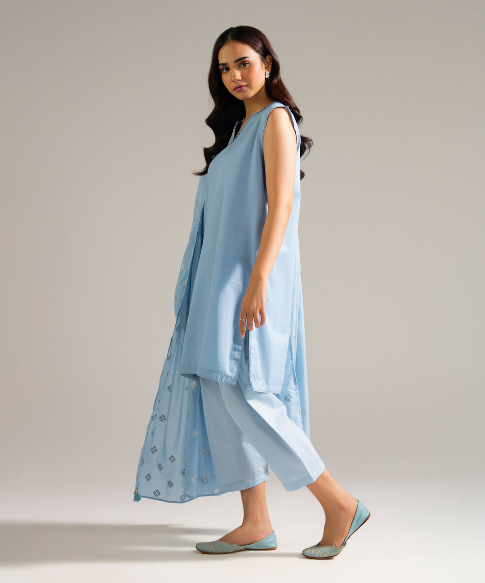 Piece Dyed Blue Slub Lawn Straight Suit - View 1 Piece Dyed Blue Slub Lawn Straight Suit - View 1