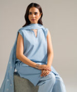 Piece Dyed Blue Slub Lawn Straight Suit - View 5