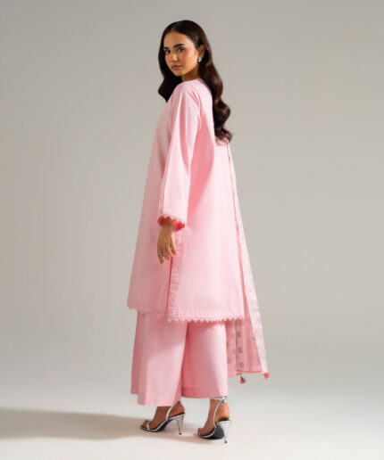 Piece Dyed Pink Slub Lawn Straight Suit - View 1