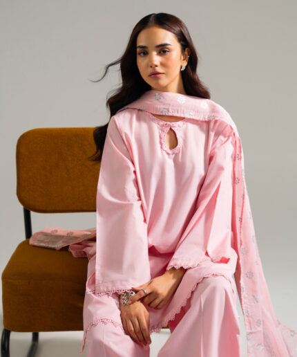 Piece Dyed Pink Slub Lawn Straight Suit - View 2