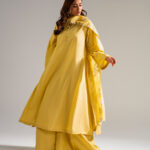 Piece Dyed Yellow Slub Lawn Flared Suit - View 1