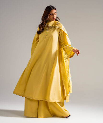 Piece Dyed Yellow Slub Lawn Flared Suit - View 1