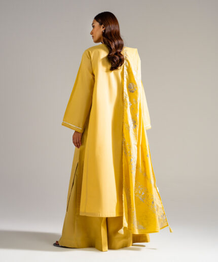 Piece Dyed Yellow Slub Lawn Flared Suit - View 2