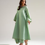 Piece Dyed Green Slub Lawn Flared Suit - View 1