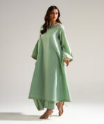 Piece Dyed Green Slub Lawn Flared Suit - View 1