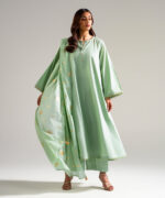 Piece Dyed Green Slub Lawn Flared Suit - View 5