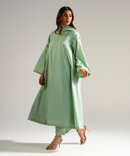 Piece Dyed Green Slub Lawn Flared Suit - View 2