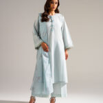 Piece Dyed Blue Slub Lawn Flared Suit - View 1