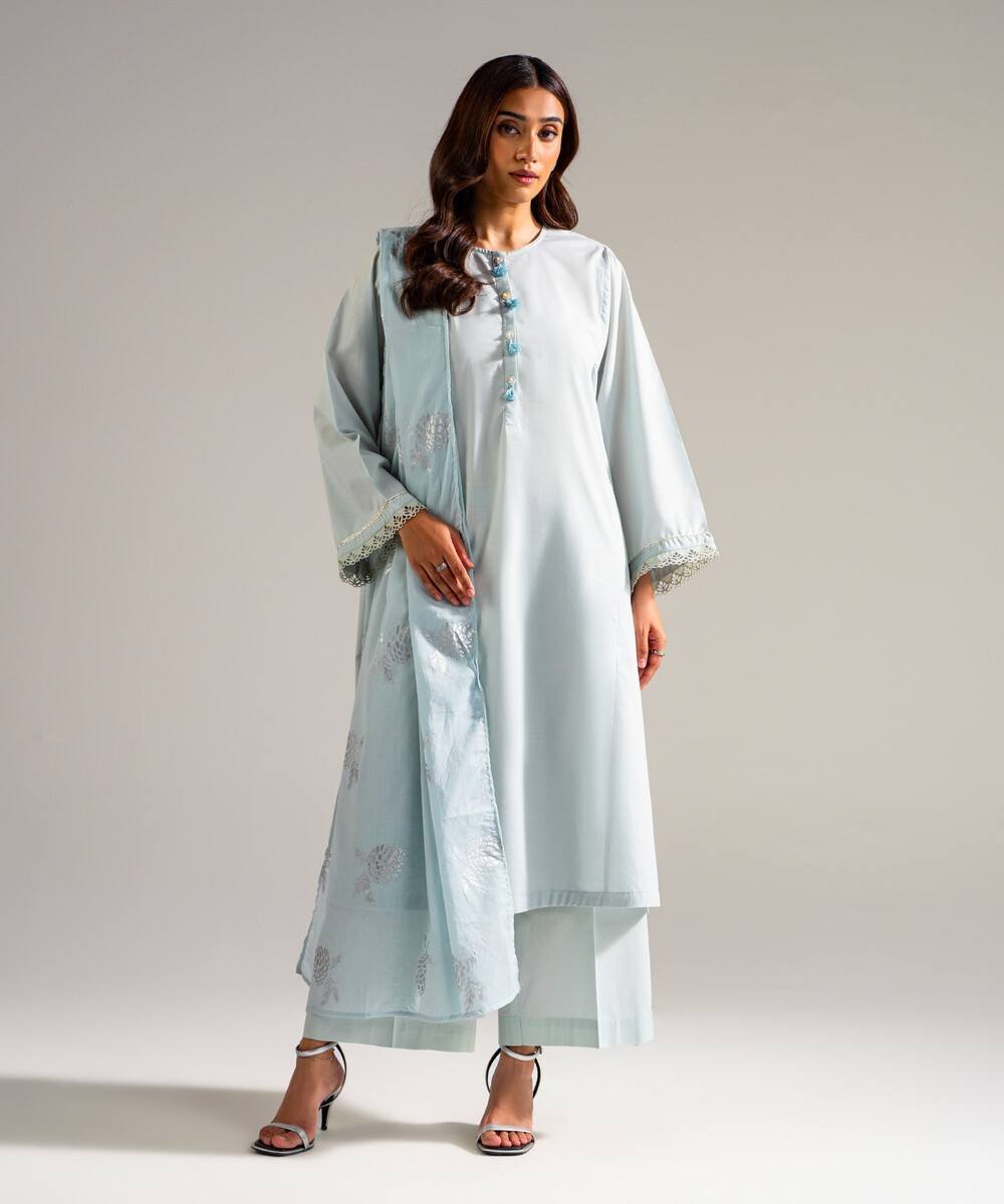 Piece Dyed Blue Slub Lawn Flared Suit - View 1 Piece Dyed Blue Slub Lawn Flared Suit - View 1