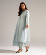 Piece Dyed Blue Slub Lawn Flared Suit - View 4