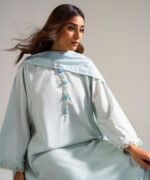 Piece Dyed Blue Slub Lawn Flared Suit - View 2